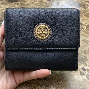 Tory Burch Black Leather Card Holder with Gold Logo